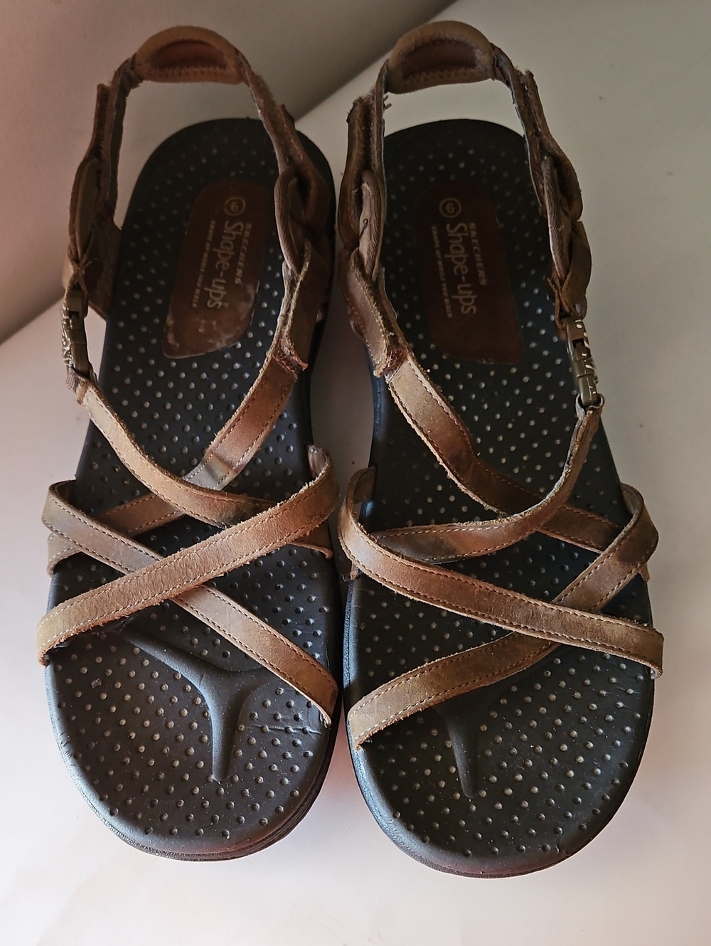 SKECHERS SHAPE UP BROWN STRAPPY LEATHER SANDALS SZ 9